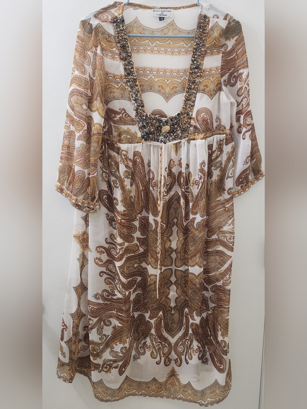 Sheer Paisley Boho Dress in Cream and Brown